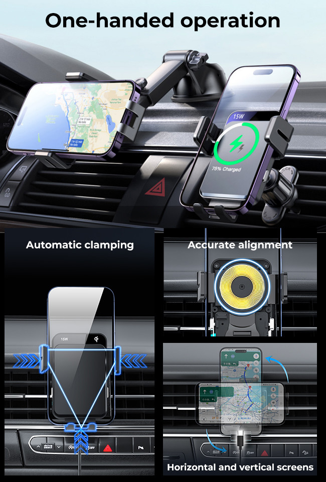 Sliding Cover Magsafe Wireless Car Charger Three Way Automatic Adjustment Clamp Arm