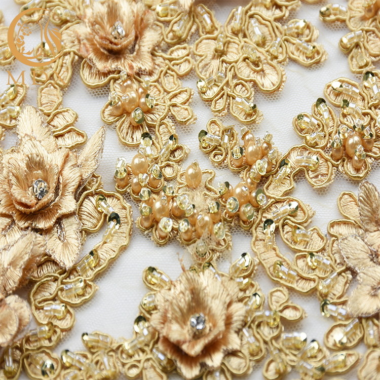 French High End Lace Fabric Water Soluble Handwork Golden Embroidery Lace