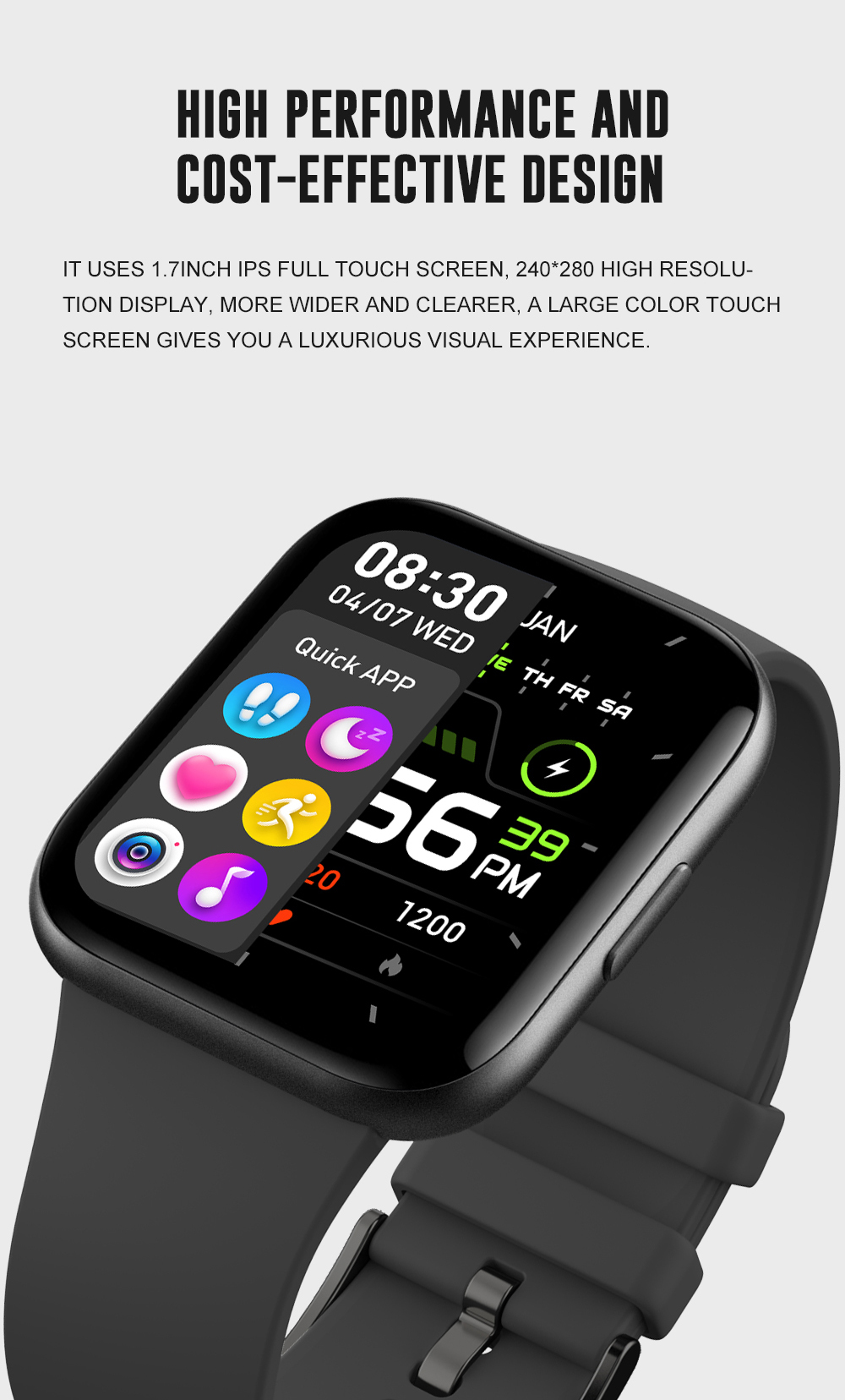 Large Screen 1.69inch Full Touch Smartwatch For Exercise Monitoring