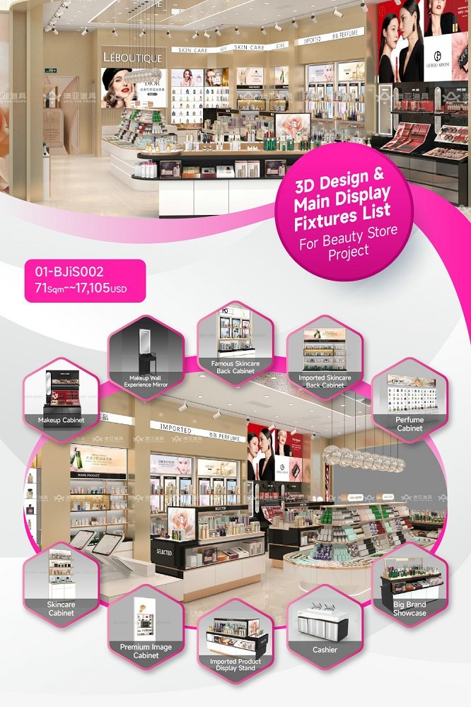 01-BJiS002, Platinum Series Beauty Store in Yidu featuring 24 Main Fixtures within 71 Sqm and Approx. $17,105 Budget