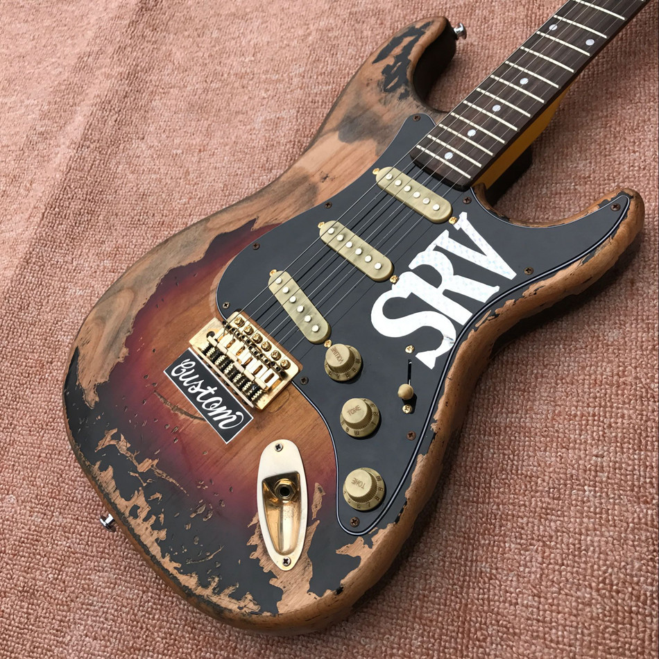 New style high quality relic remains ST electric guitar, handmade SRV aged relic electric guitar, Vintage Sunburst