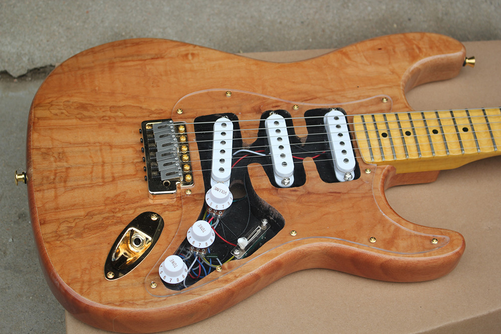 Custom Natural Wood Color Electric Guitar with SSS Pickups,Acrylic Pickguard,Scalloped Neck
