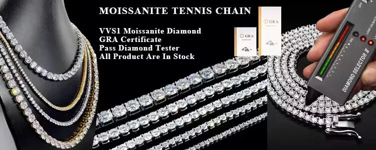 Hip Hop Moissanite Tennis Chain 925 Sterling Silver Moissanite Tennis Necklace