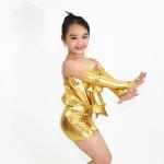 Metalic Fabric Kids Dance Clothes / Sparkle Dance Costumes With Big Bows