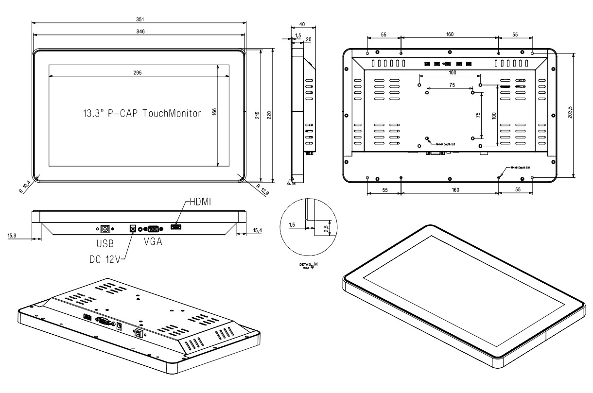 Projected Capacitive PCAP Touch Monitor 10.4 Inch Flat Screen Frameless