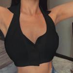 Backless Button Front Women Crop Top , Sleeveless Cotton Halter Tank Top