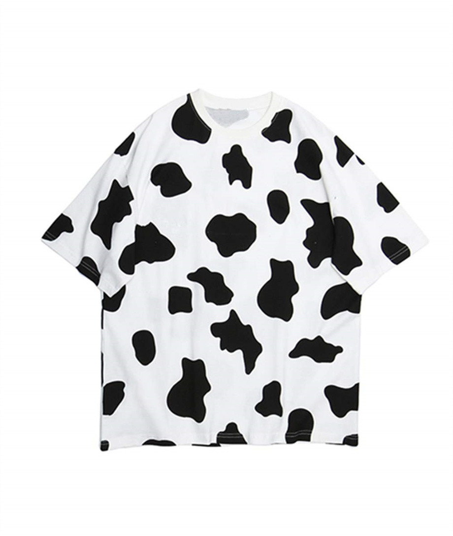 Women's Short Sleeve Round Neck Colorblock Cow Print Summer Casual Oversized T Shirt Tee Tops