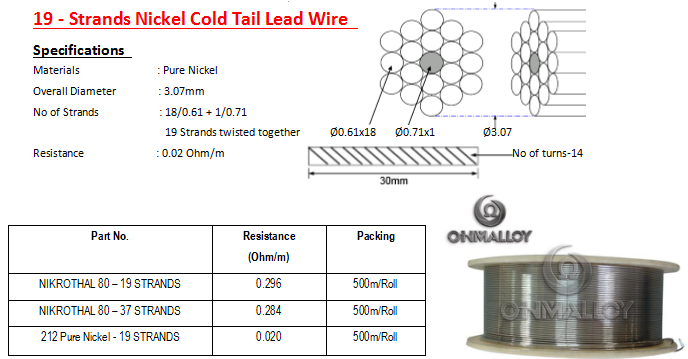 Ni212 Pure Nickel Cold Tail Lead Wire 19-Strands Anti - Oxidation Nichrome Wire