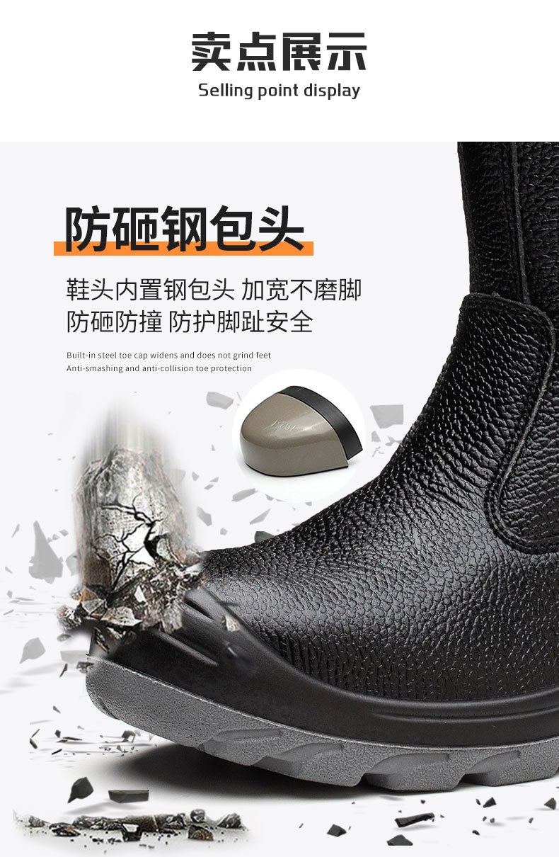 Double Density PU Sole Safety Shoes Black High Top Genuine Leather Work Boots With Steel Toe