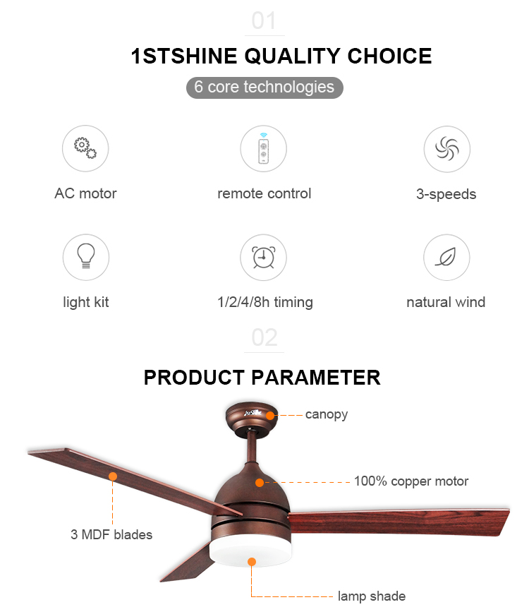 Modern Design Copper Metal Plywood Ceiling Fan with Remote Control and Decorative Light