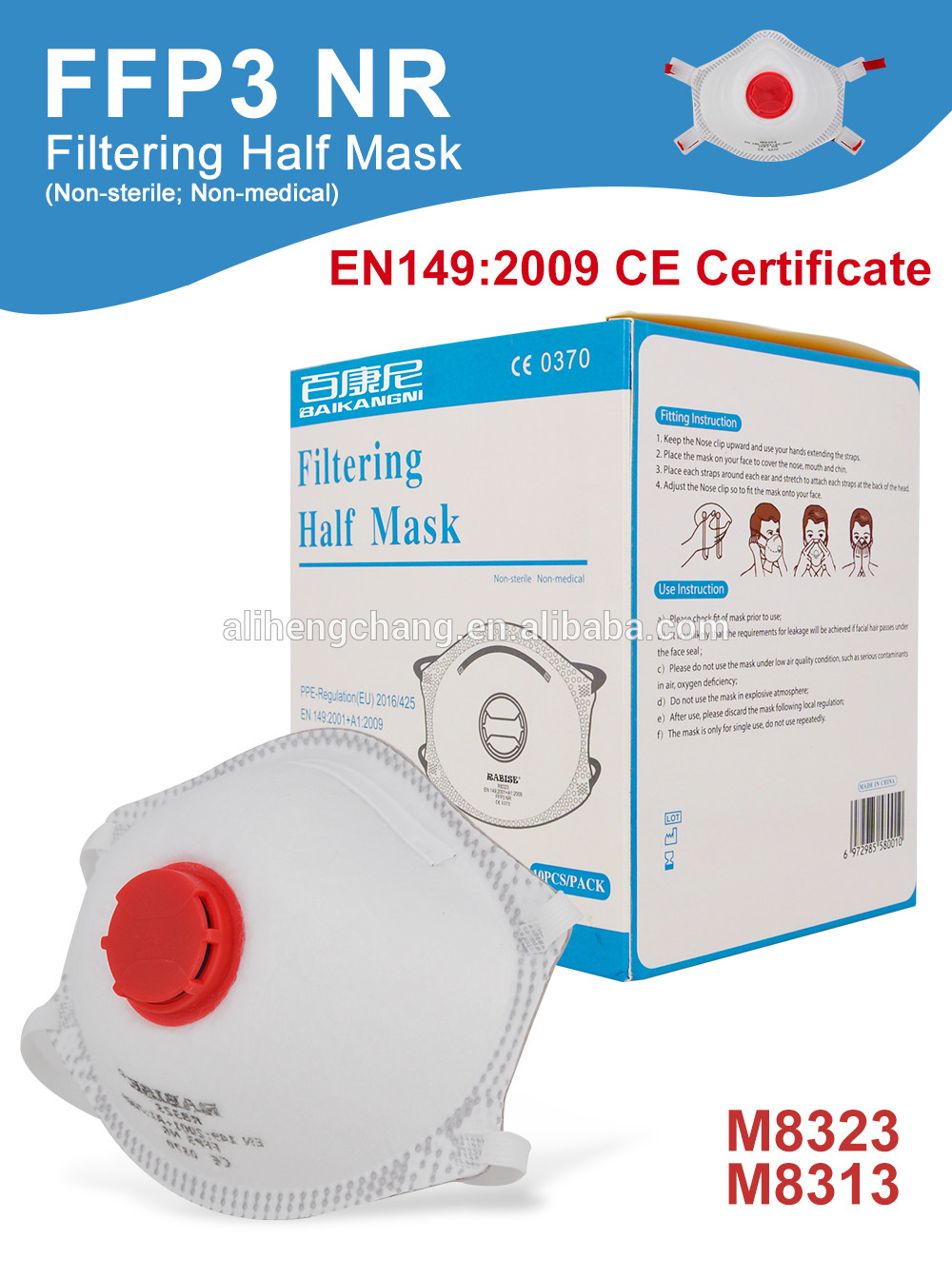 M8313 EN149 Fluid Resistant Hemispherical FFP3 Dust Mask With Valve