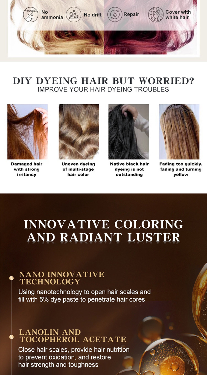 Ammonia free hair color cream covering white hair, multi-stage color, one-step healthy hair dye