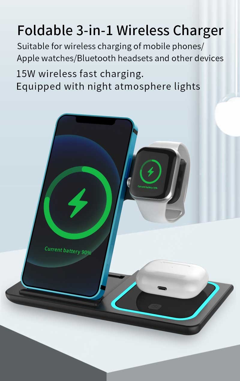 3 In 1 15W Folding Wireless Charger Double Coil Atmosphere Lamp