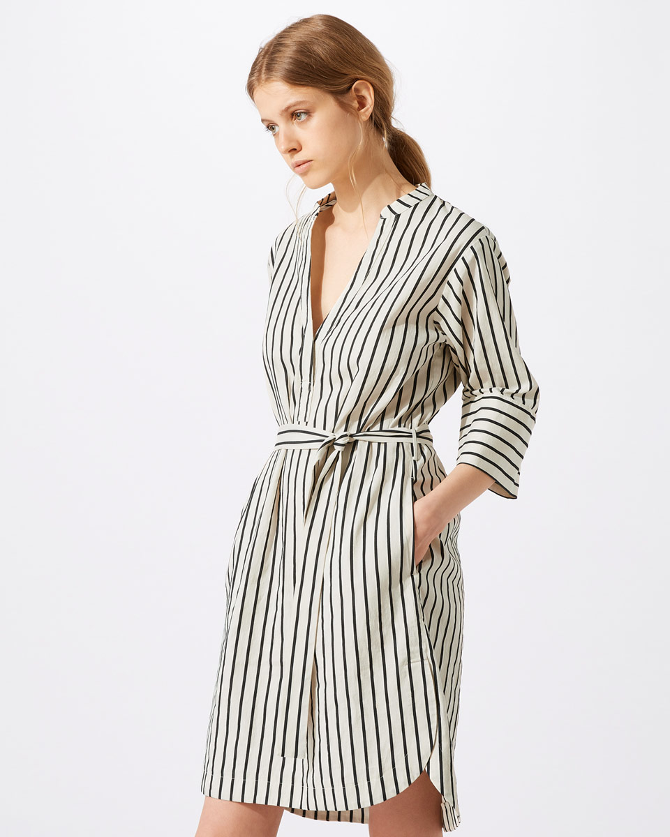 New Design Relaxed Fit Deep V-neckline Stripe Linen Dress for Woman