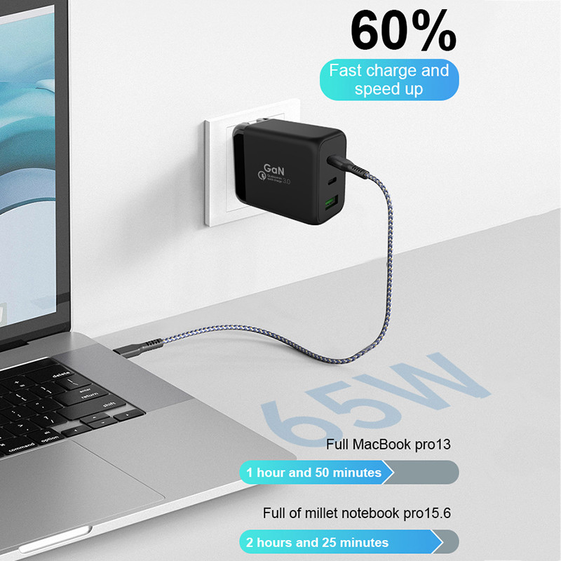 3 Port GaN USB Charger 65W USB C Wall Charger Adapter For MacBook
