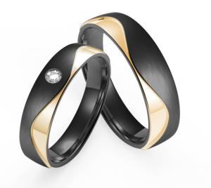 Quality Fashion matte black stainless steel set with zircon and K gold couple ring wholesale