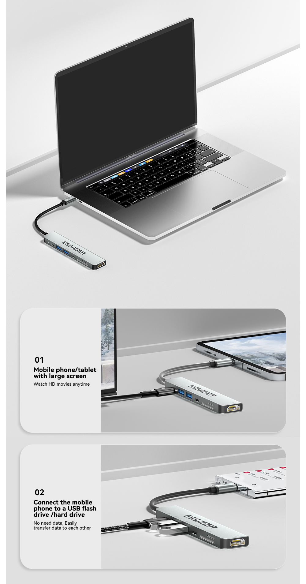 7 In 1 USB C HUB Multifunction Ports Fast Transmission 60W 4K 30Hz