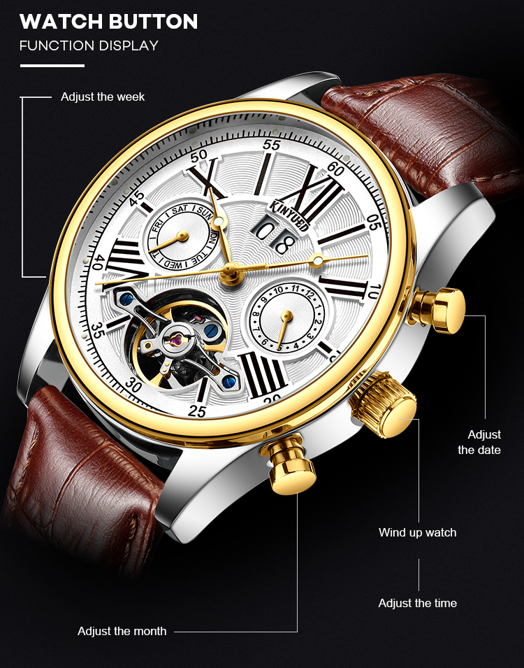 Brand KINYUED fashion mens wind up use hand water resistant tourbillon automatic watch