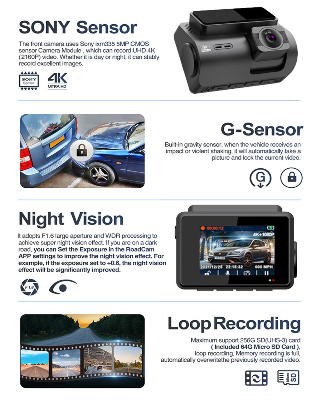SONYIMX335 4K Dashcam Dual WiFi GPS Front Inside Back Car DVR