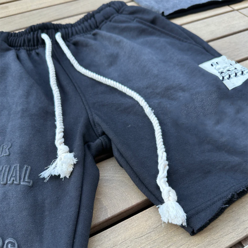 2024 High Quantity Fashion Causal Jogger Sweat Short 100 Cotton Puff Printing Logo Distress Label Mens Acid Washed Shorts