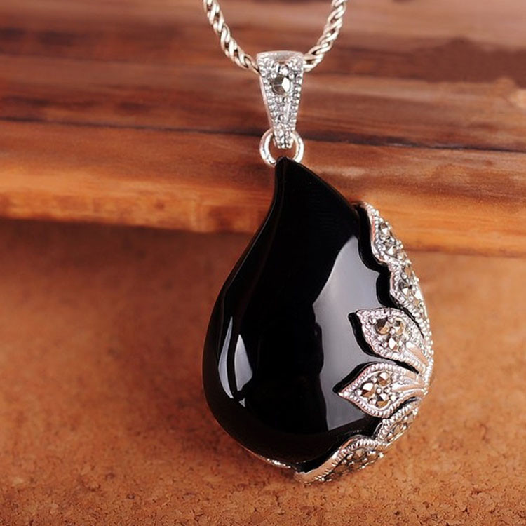 Vintage Jewelry 925 Silver Black Onyx Marcasite Drop Pendant Necklace 18 Inches (JA1674BLACK)