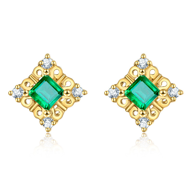 18K Yellow Gold Natural Emeral Inlay Diamonds Stud Earrings