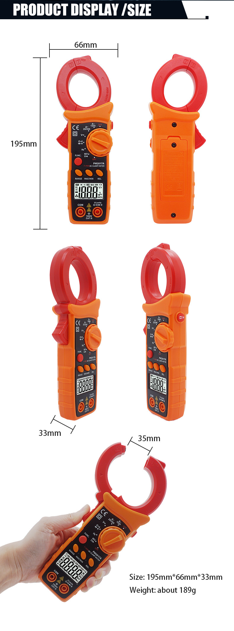 Auto Range 1000A AC Current Measurement Digital AC Clamp Meters With NCV and Ture RMS