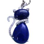 Sterling Silver Lapis Lazuli Cat Shape Women Pendant Necklace (048817W)