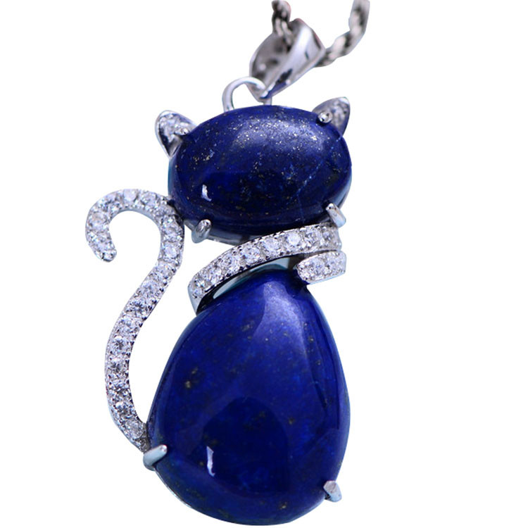 Sterling Silver Lapis Lazuli Cat Shape Women Pendant Necklace (048817W)