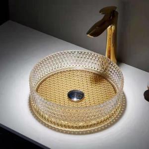 Quality 360mm Glass Vessel Basins Brush Gold Bottom Hotel Clear Glass Sink Bowl wholesale