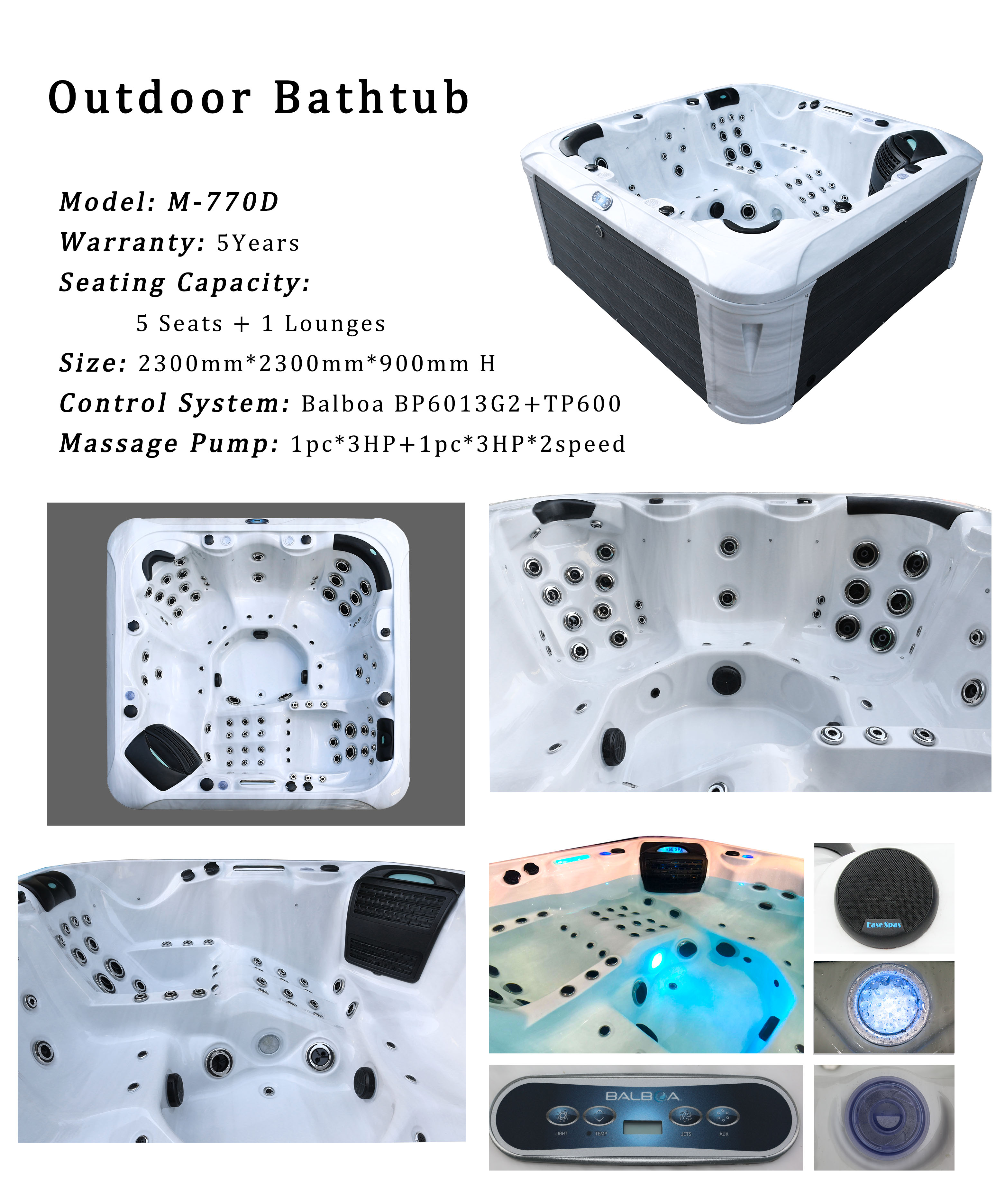 Acrylic Hotel Massage Bathtub Backyard Whirlpool Outdoor Spa Hot Tubs