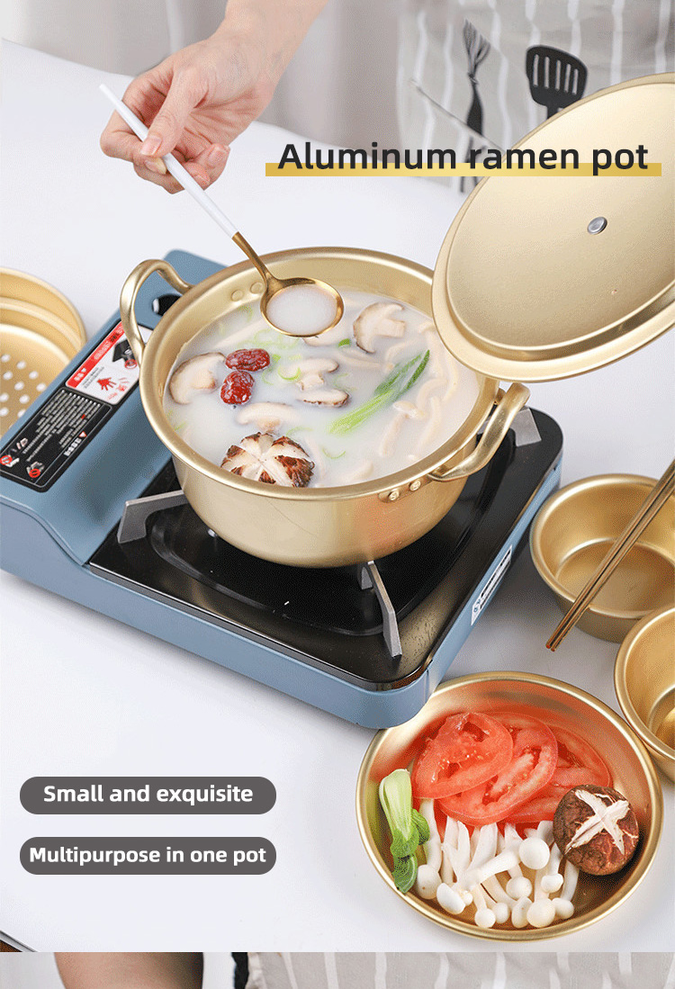 Korean Cookware Kitchen Gold Instant Noodle Pot Home Stock Pot Small Pan Aluminum Ramen Soup Pot With Lid