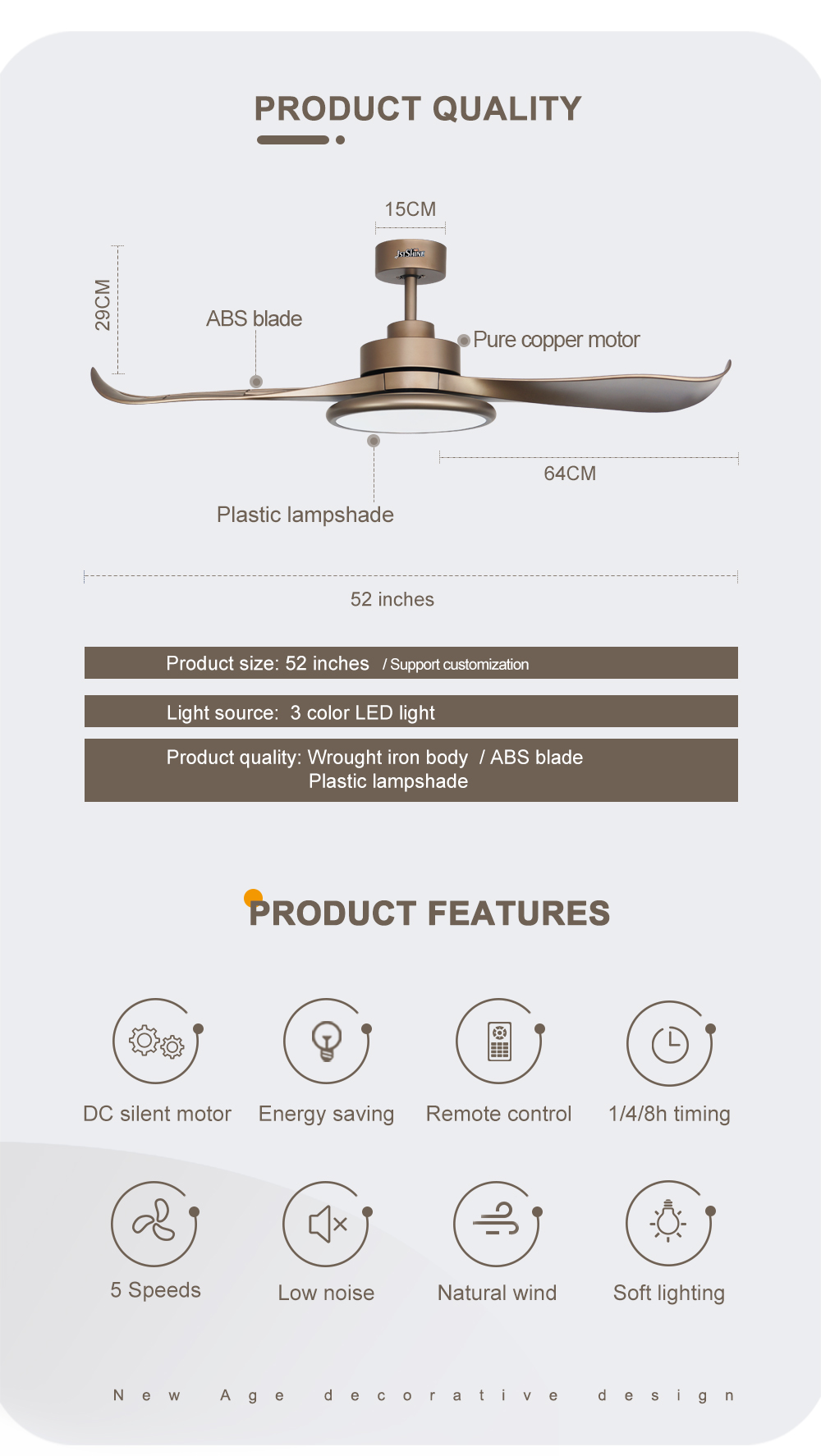 2- 1stshine 52-inch Gold Finish Ceiling Fan with Remote Control and 2 ABS Blades DC LED