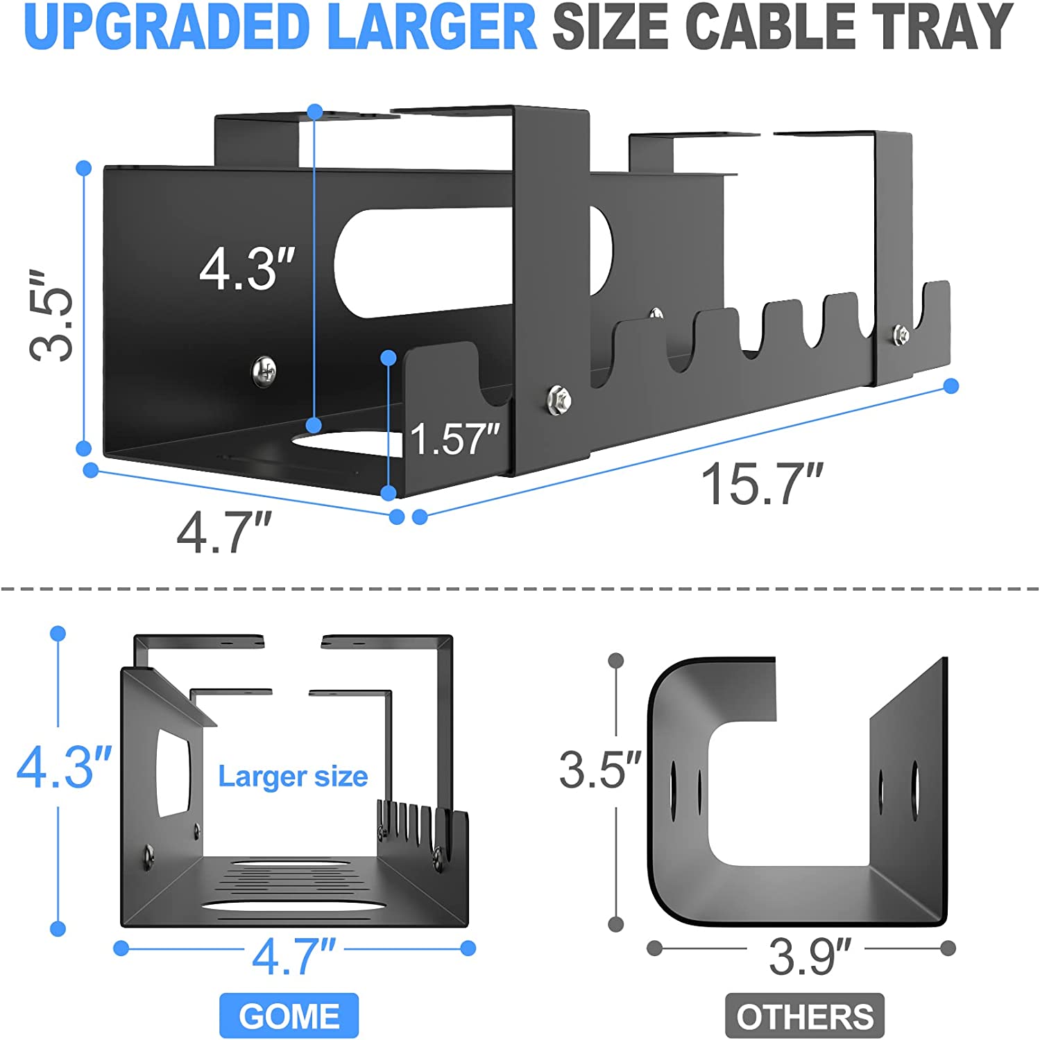 Large Under Table Cable Management Tray Adjustable Cord Wire Organizer for Standing Desk