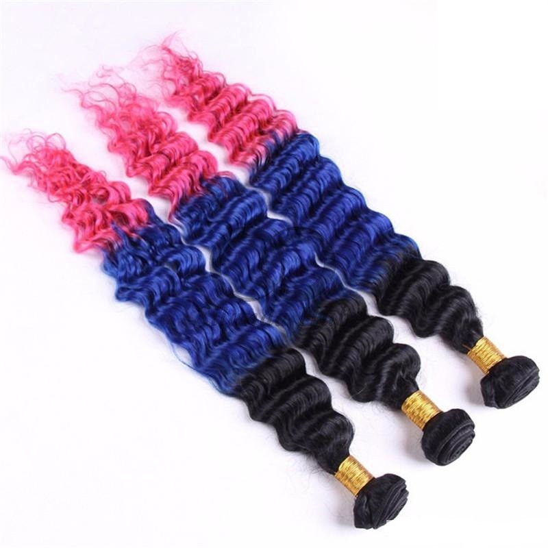 #T1B/Blue/Pink Deep Wave Remy Human Hair Bundles Sew In Weave Bundles Brazilian Bundle Deals