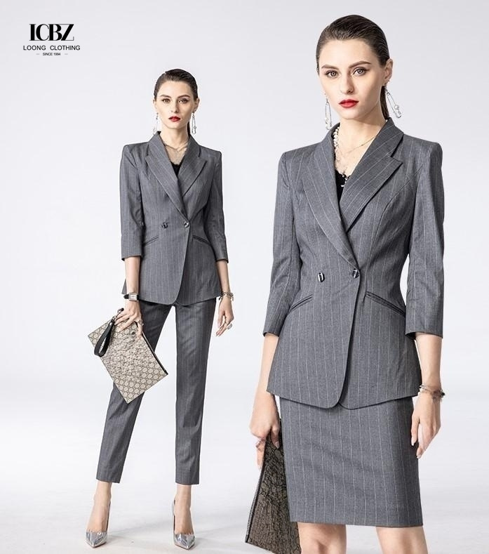 Solid Pattern Women's Office Wear Custom Dark Gray Striped Professional Work Suit