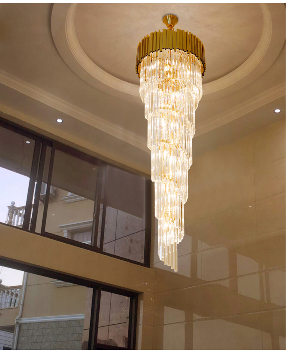 Hotel Theater Villa Large Chandelier Lighting Luxury Stainless Steel Multi-layer Top Long Crystal Lamp(WH-NC-47)