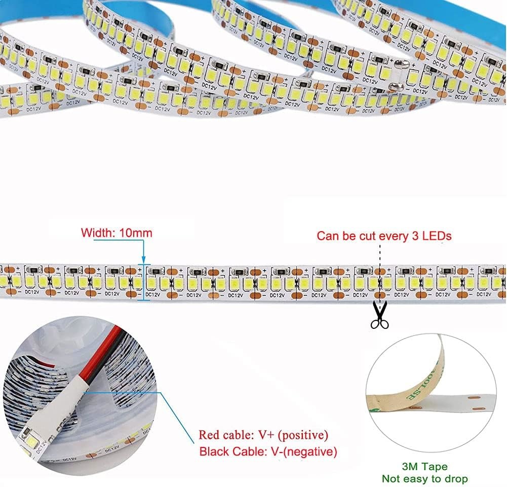 12V 240LEDS/meter SMD 2835 LED Strip light 1200LEDs 16.4Ft 26000LM High Density IP20 no-waterproof Natural White 4000K