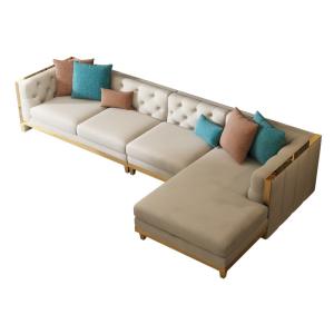 Quality Beige Tufted Chesterfield Sofa Genuine Leather Sofa Set With Brass Base wholesale