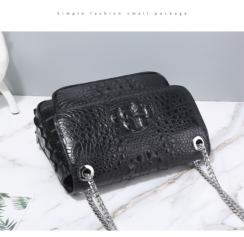 Exotic Genuine Crocodile Skin Silver Chain Lady Purse Real True Alligator Leather Women Purse Female Single Shoulder Bag