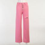 Pink Ripped High Waist Straight Wide Leg Jeans Women
