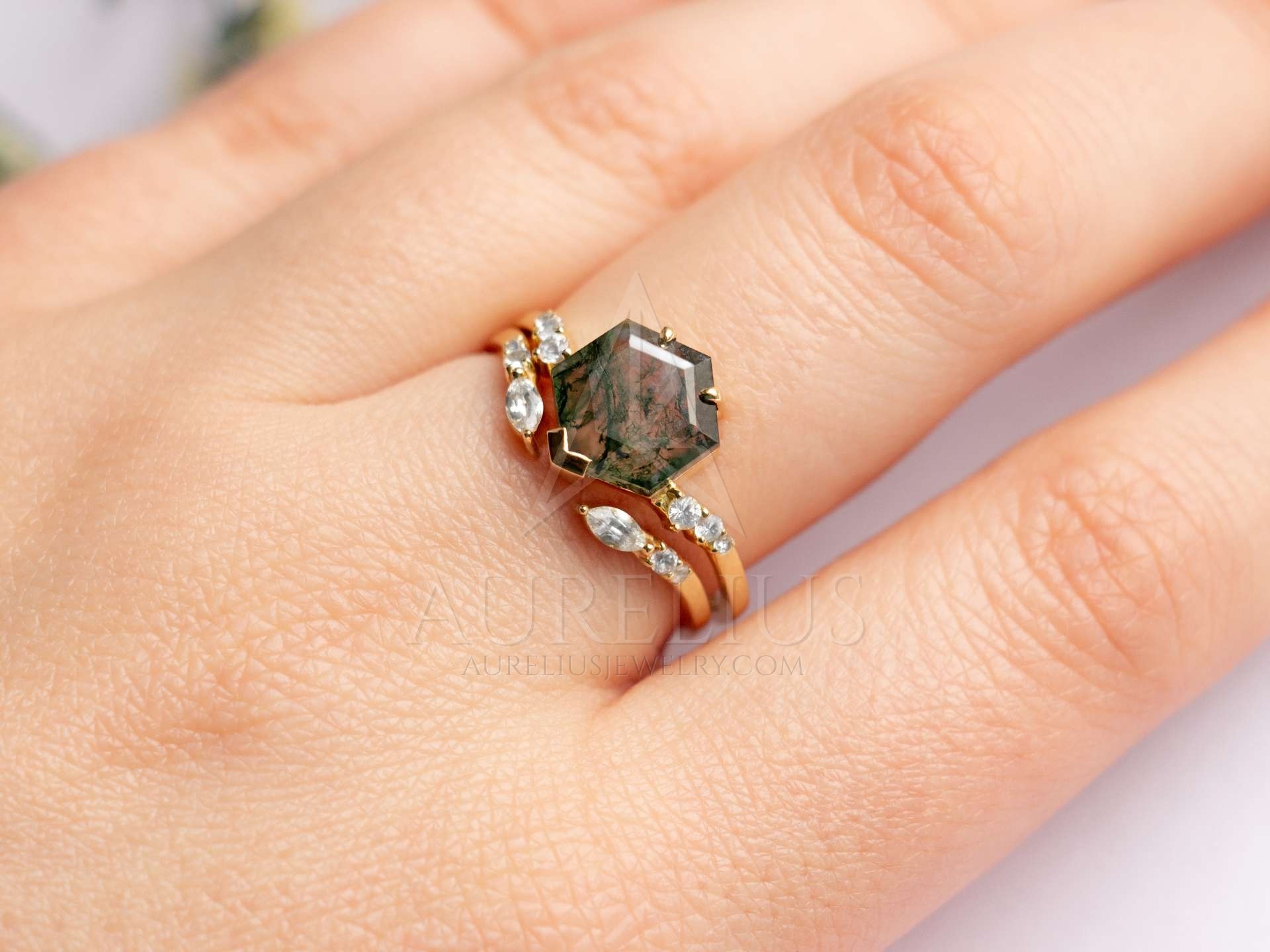 Large Hexagon Moss Agate Statement Wedding Cluster Ring Set