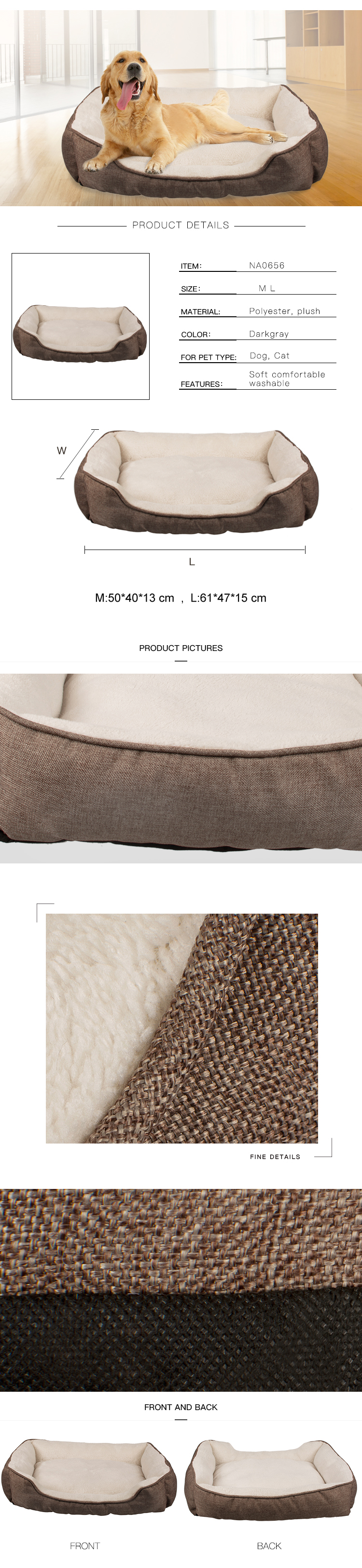 Linen Plush Pet Bed Cushion Luxury Modern Pet Dog Bed Bite Resistance