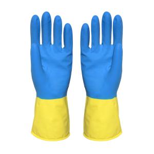 Quality Bi-Color Hand Protective Flock Lined Rubber Gloves Anti-Oil Household Rubber Gloves wholesale