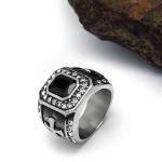 Vintage Inlay Mens Gothic Stainless Steel Band Ring with Black Cubic Zircon