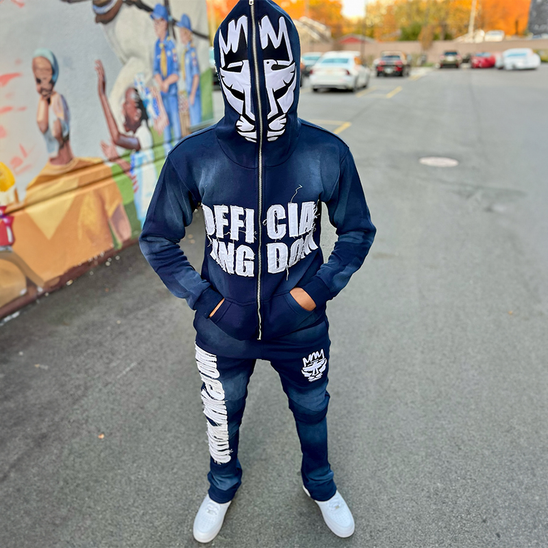 Custom Full Face Zip up 3d Puff Pint Hoodies Distressed Embroidery Rips Patch Slim Fit Streetwear Hoodie and Sweatpants Set