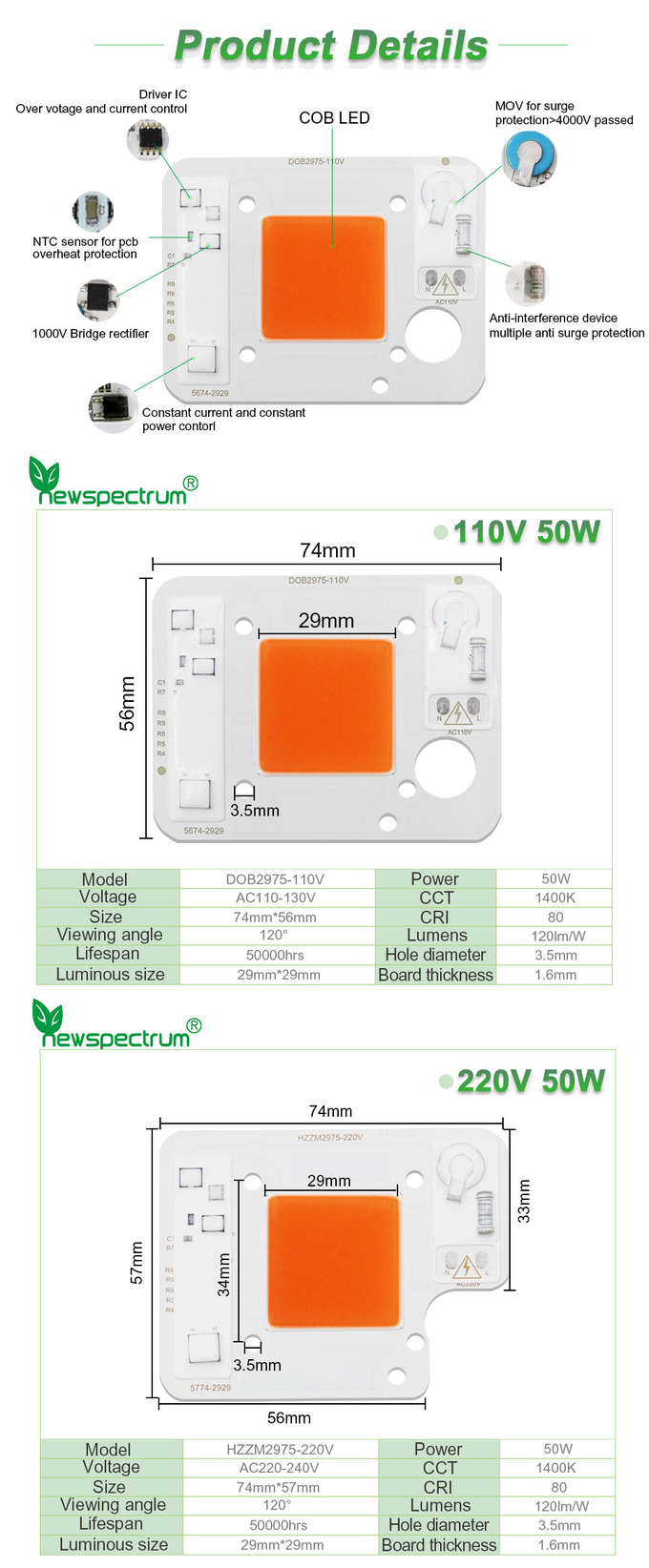 AC110V 50W LED Chip Pink ODM LED Module COB With Driver On Board