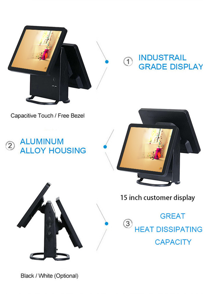 Windows XP Restaurant Pos Dual Monitor 32G SSD 10 Point Capacitive Touchscreen