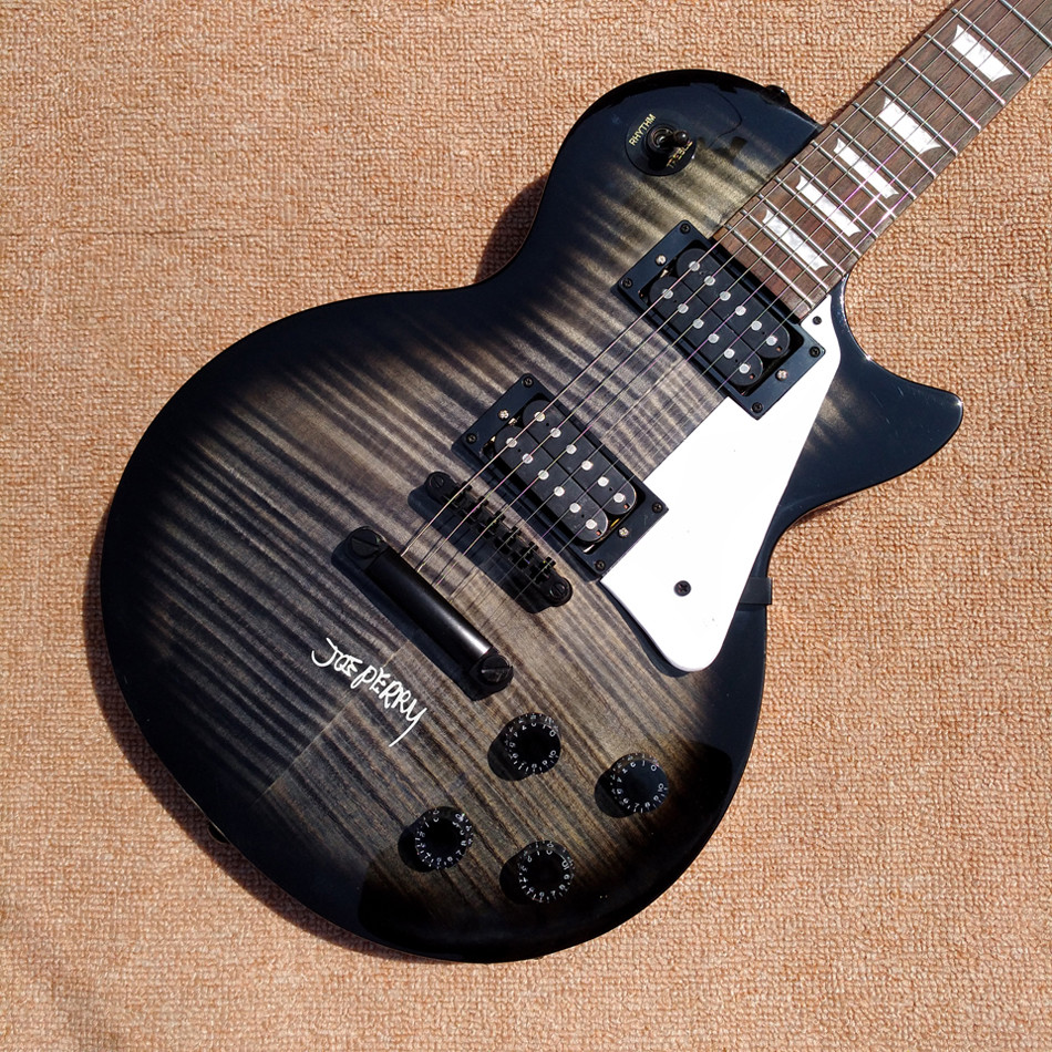 New style high quality LP standard joeperry electric guitar, Transparent black Flame Maple Top electric guitar