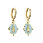 Crystal Rhinestone Hoop Earrings Gold Plated Virgin Mary Pendant OEM